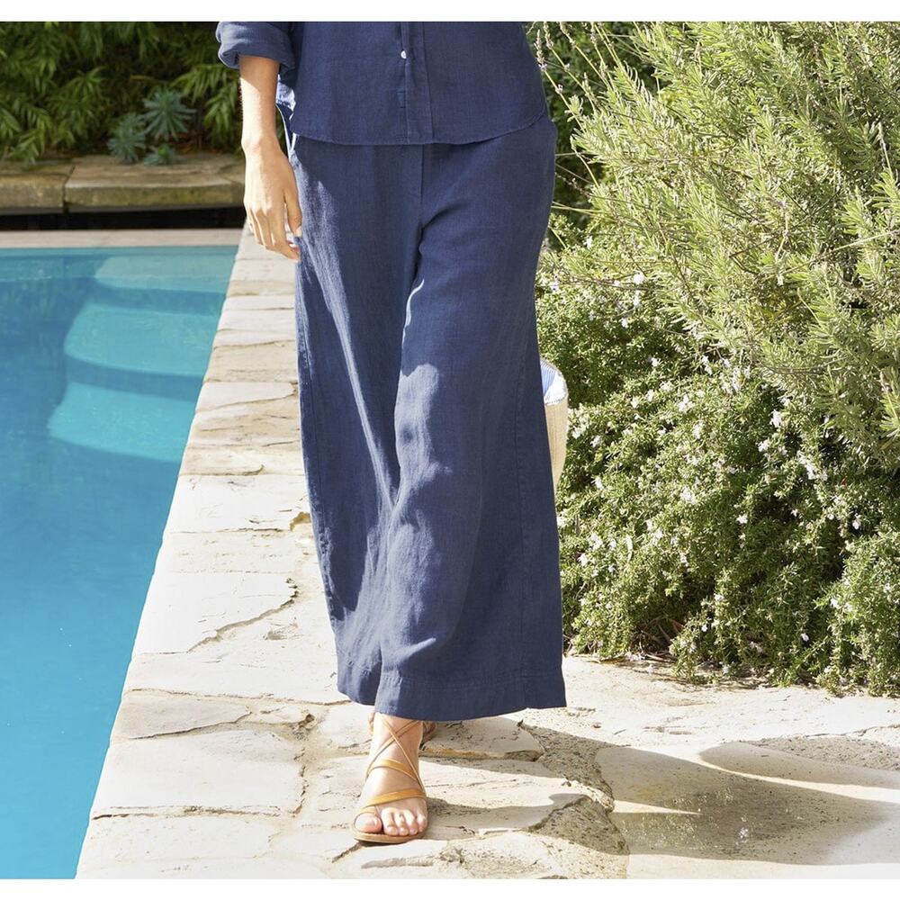 Frank & Eileen Navy Linen Wide Leg Pull On Pants Size Size Medium